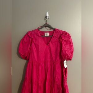 Tuckernuck Hyacinth House Vibrant Pink V-Neck Puff Sleeve Mini Dress